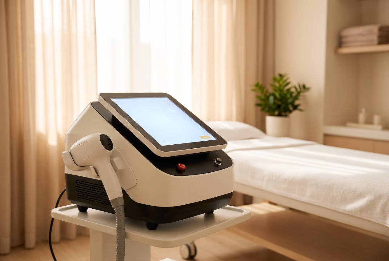 Gekühlter VIKINI Diodenlaser mit Touchscreen und Handstück im Behandlungsraum von Belium Beauty